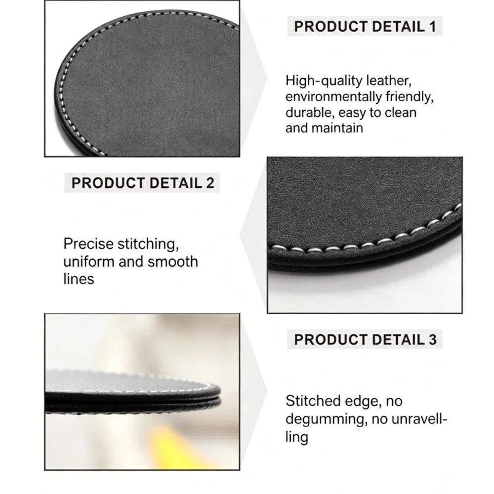 5Black Gold Marble PU Coasters with Holder, Waterproof Heat Resistant for Coffee